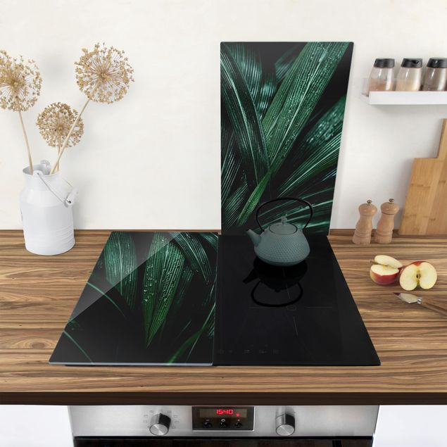 Szklana płyta ochronna na kuchenkę 2-częściowa - Zielone liście palmy