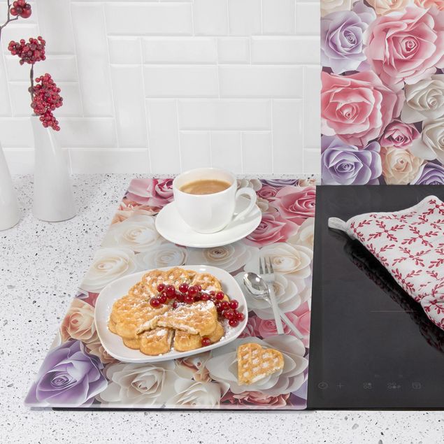 Szklana płyta ochronna na kuchenkę 2-częściowa - Pastelowe papierowe róże artystyczne