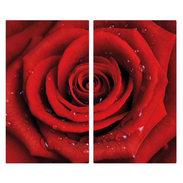 Szklana płyta ochronna na kuchenkę 2-częściowa - Róża czerwona z kroplami wody
