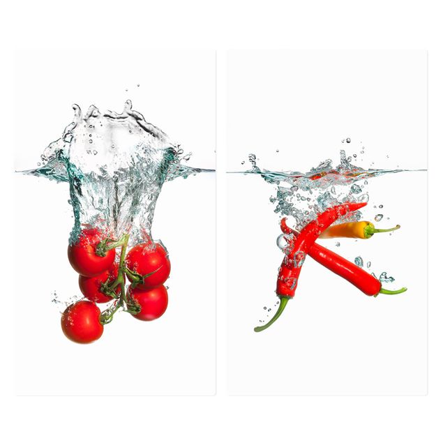 Szklana płyta ochronna na kuchenkę 2-częściowa - Pomidory i papryka chilli w wodzie