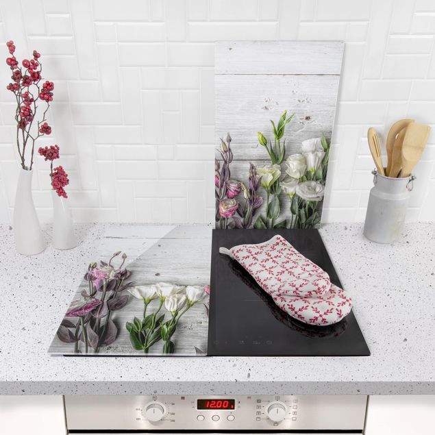 Szklana płyta ochronna na kuchenkę 2-częściowa - Tulipanowa róża Shabby Wood Look