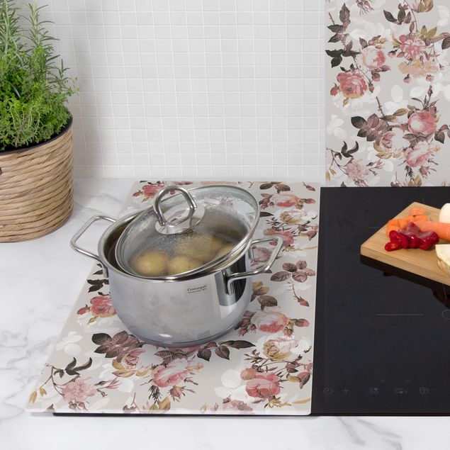 Szklana płyta ochronna na kuchenkę 2-częściowa - Kwiatowy wzór w stylu vintage z różami