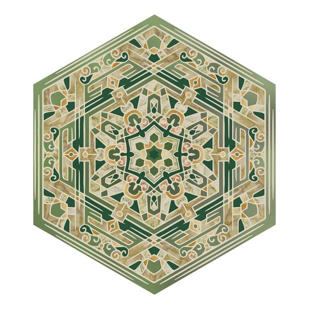 Sześciokątna tapeta samoprzylepna - Mandala sześciokątna w kolorze zielonym i złotym