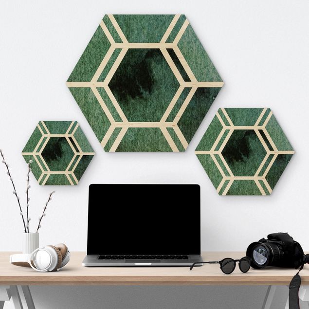 Obraz heksagonalny z drewna - Sześciokątne marzenia Akwarela w kolorze zielonym