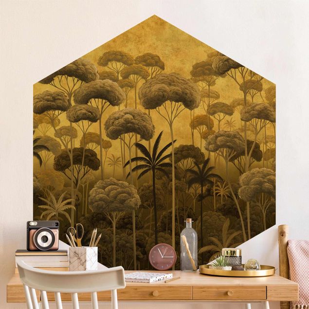 Sześciokątna tapeta samoprzylepna - Tall Trees in the Jungle in Golden Tones