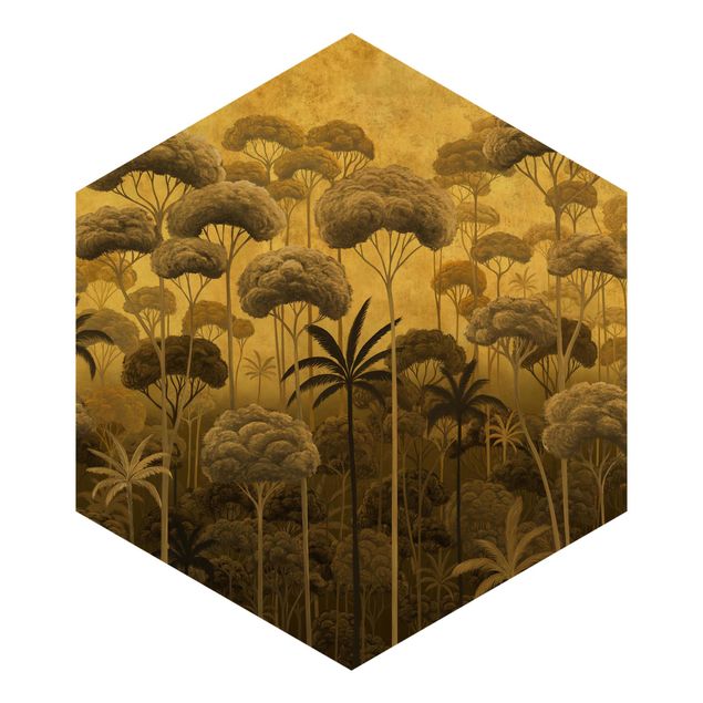 Sześciokątna tapeta samoprzylepna - Tall Trees in the Jungle in Golden Tones