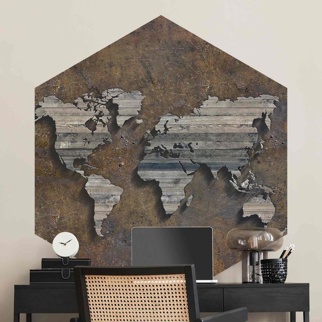 Tapeta brązowa Mapa świata z rdzą drewna