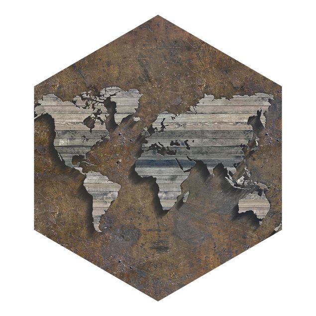 Sześciokątna tapeta samoprzylepna - Mapa świata z rdzą drewna