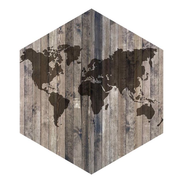 Sześciokątna tapeta samoprzylepna - Mapa świata z drewna