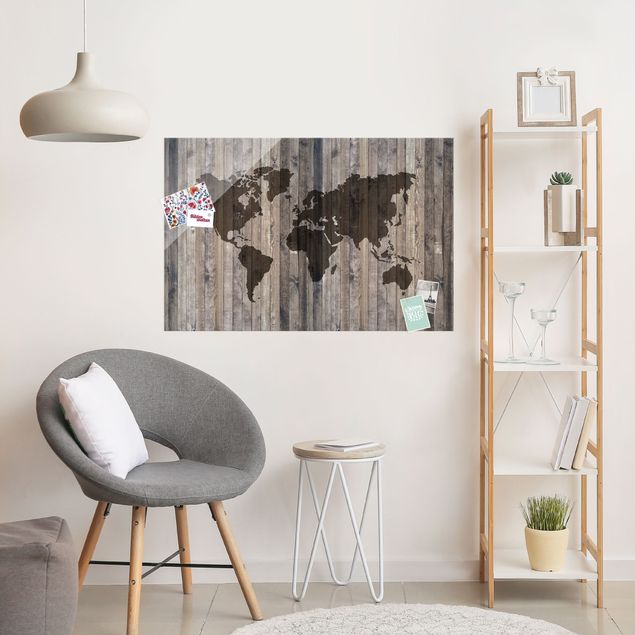Obrazy na szkle architektura i horyzont Mapa świata z drewna