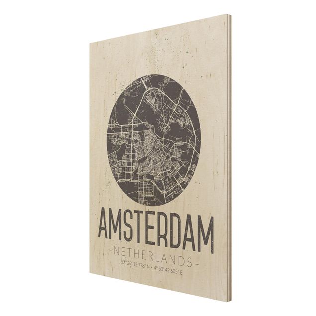 Obrazy z drewna Mapa miasta Amsterdam - Retro