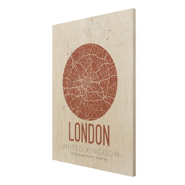 Obrazy z drewna Mapa miasta Londyn - Retro