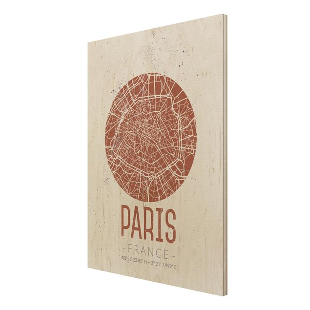 Obrazy z drewna Mapa miasta Paryż - Retro