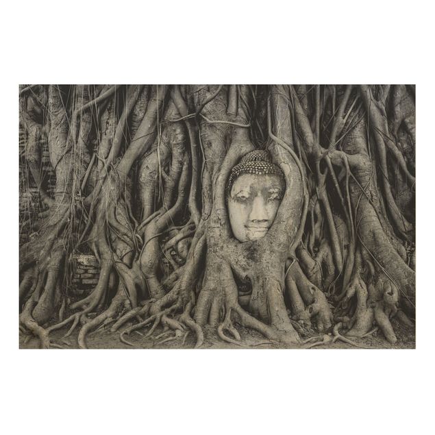 Obrazy na drewnie Budda w Ayutthaya otoczony korzeniami drzew, czarno-biały