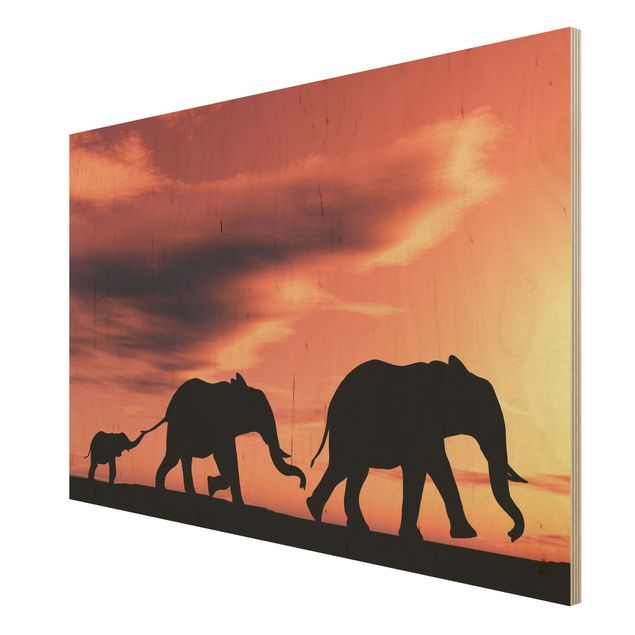 Obrazy na drewnie Rodzina słoni w Sawannie
