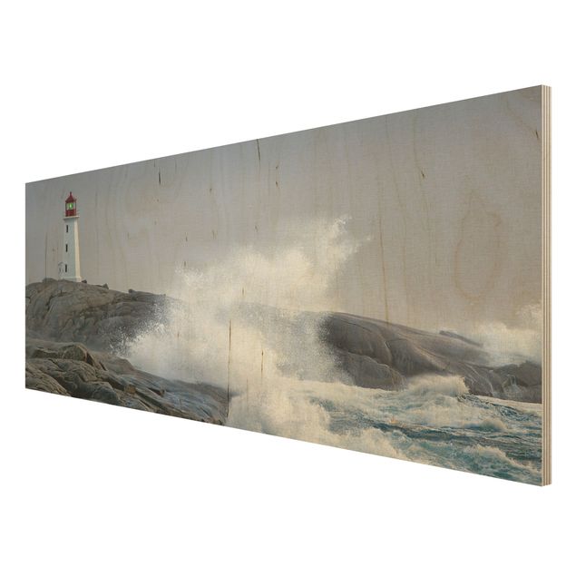 Obrazy z drewna Fale sztormowe przy latarni morskiej