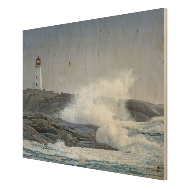 Obrazy z drewna Fale sztormowe przy latarni morskiej