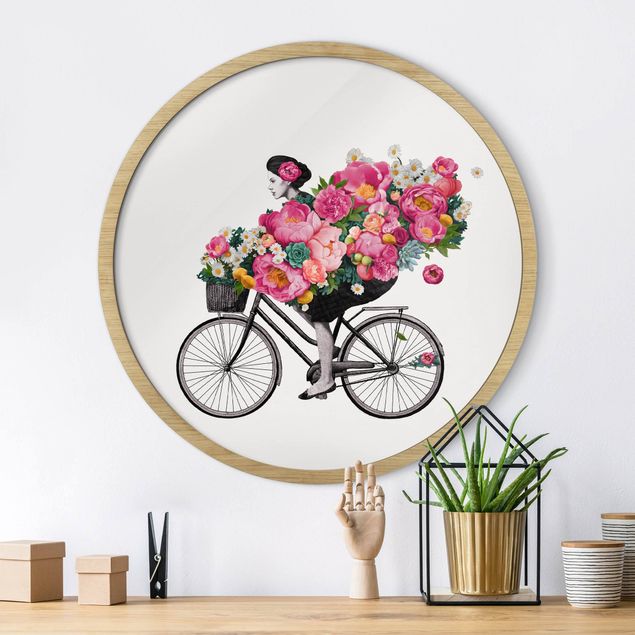 Obrazy do salonu nowoczesne Illustration Woman On Bicycle Collage Colourful Flowers