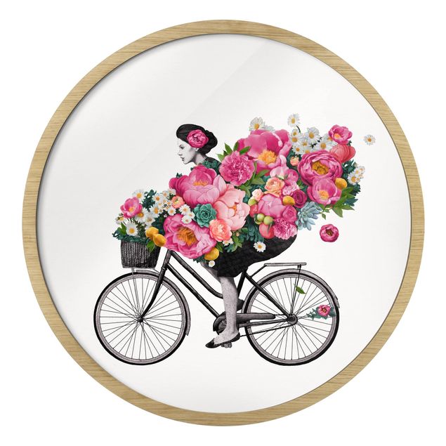 Obraz różowy Illustration Woman On Bicycle Collage Colourful Flowers