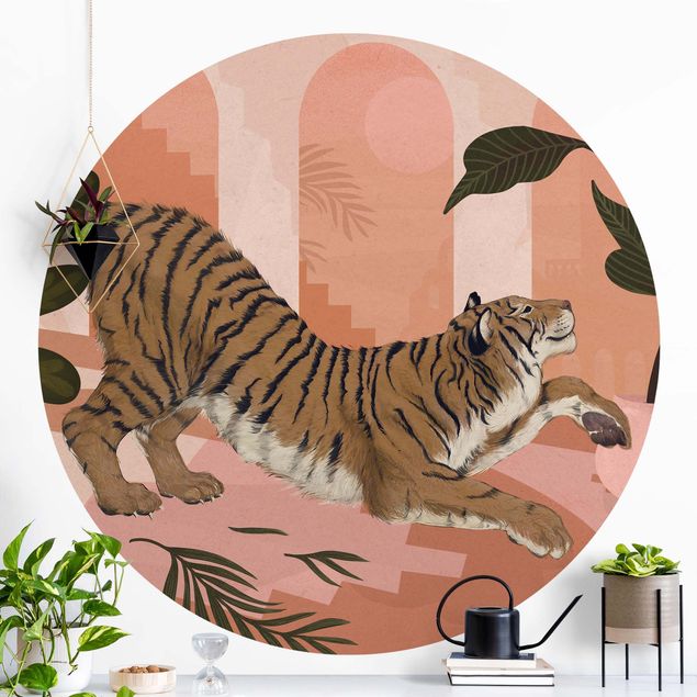 Okrągła tapeta samoprzylepna - Ilustracja tygrysa w pastelowym różowym malarstwie