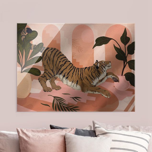 Obrazy na szkle poziomy Ilustracja tygrysa w pastelowym różowym malarstwie