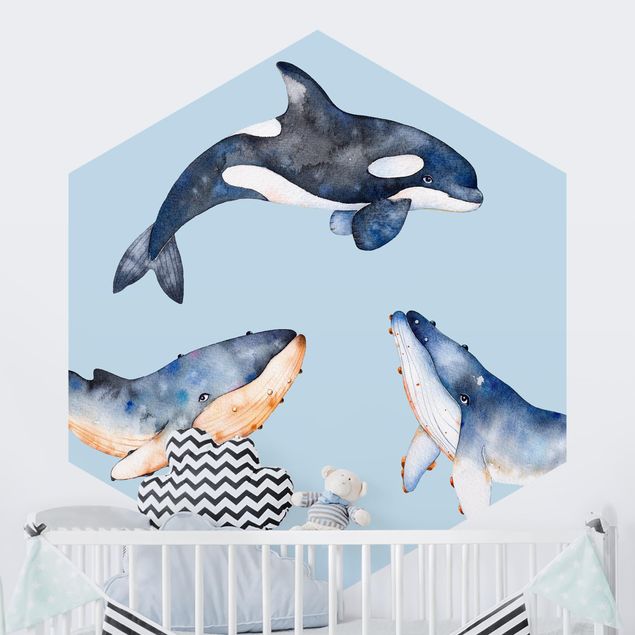 Pokój dziecięcy Ilustrowane wieloryby jako akwarela