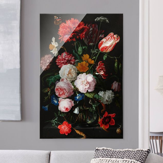 Obrazy na szkle portret Jan Davidsz de Heem - Martwa natura z kwiatami w szklanym wazonie