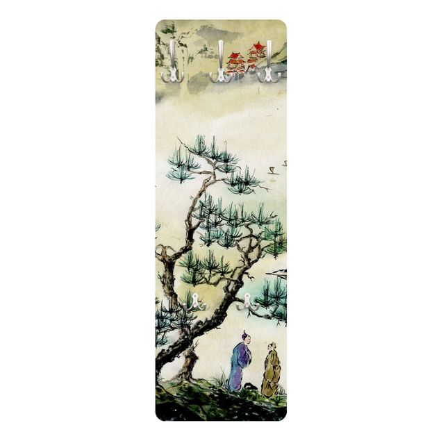 Wieszak ścienny - Japońska akwarela Drzewo sosnowe i górska wioska