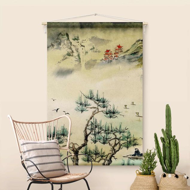 Nowoczesne obrazy do salonu Japanese Watercolour Drawing Pine Tree And Mountain Village