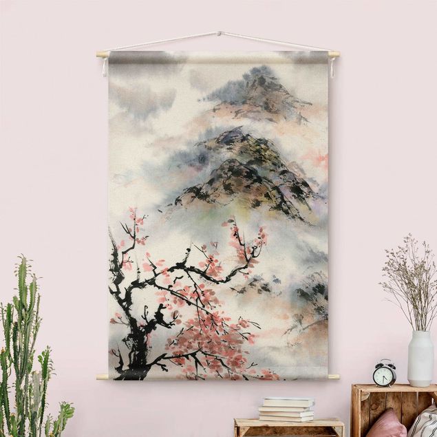 Obrazy do salonu Japanese Watercolour Drawing Cherry Tree And Mountain