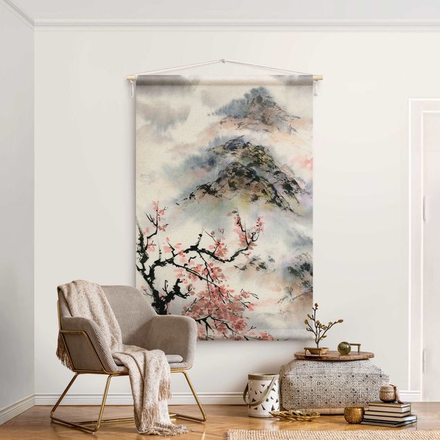 Dekoracja do kuchni Japanese Watercolour Drawing Cherry Tree And Mountain