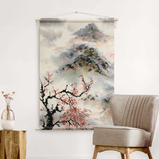 Obrazy góry Japanese Watercolour Drawing Cherry Tree And Mountain