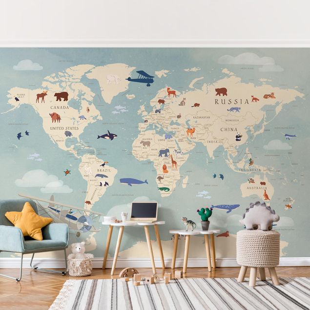 Pokój dziecięcy Map With With Animals Of The World