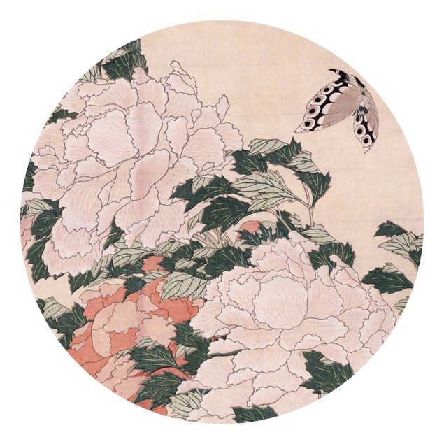 Różowa tapeta Katsushika Hokusai - Różowe piwonie z motylem