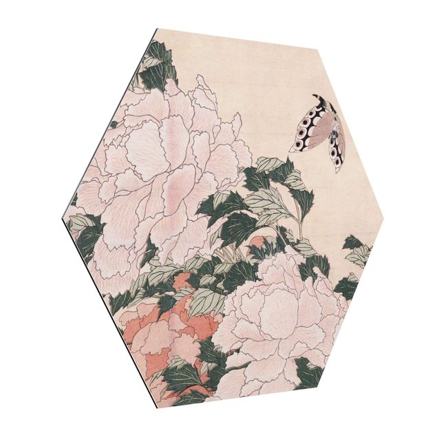 Zwierzęta obrazy Katsushika Hokusai - Pink Peonies With Butterfly