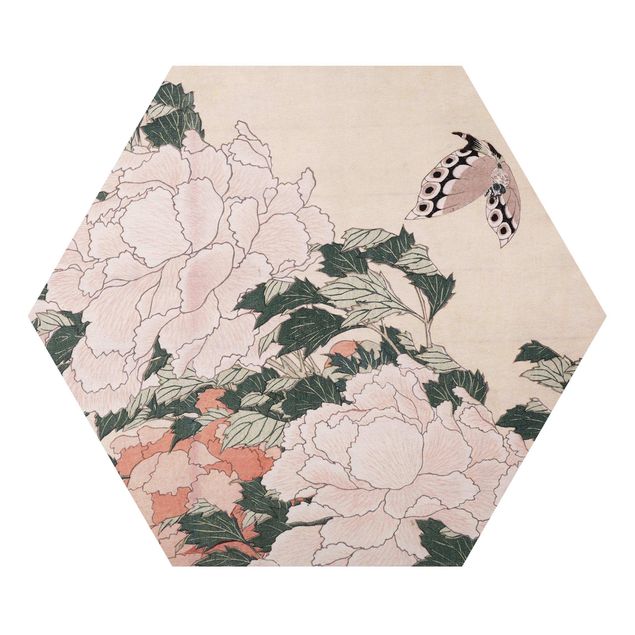 Obraz różowy Katsushika Hokusai - Pink Peonies With Butterfly