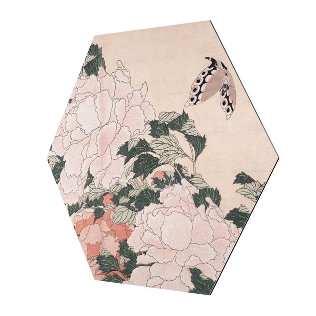 Obrazy z motywem kwiatowym Katsushika Hokusai - Pink Peonies With Butterfly
