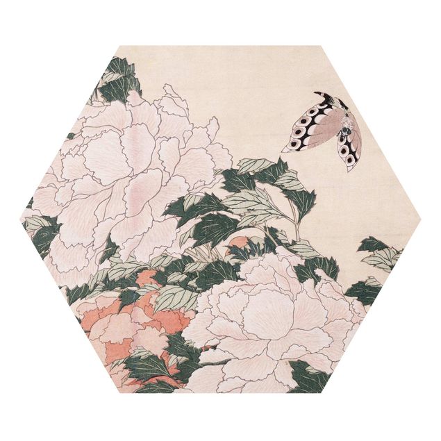 Różowy obraz Katsushika Hokusai - Pink Peonies With Butterfly