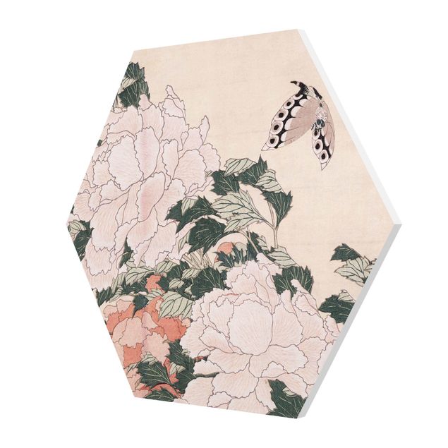 Obrazy motywy kwiatowe Katsushika Hokusai - Pink Peonies With Butterfly