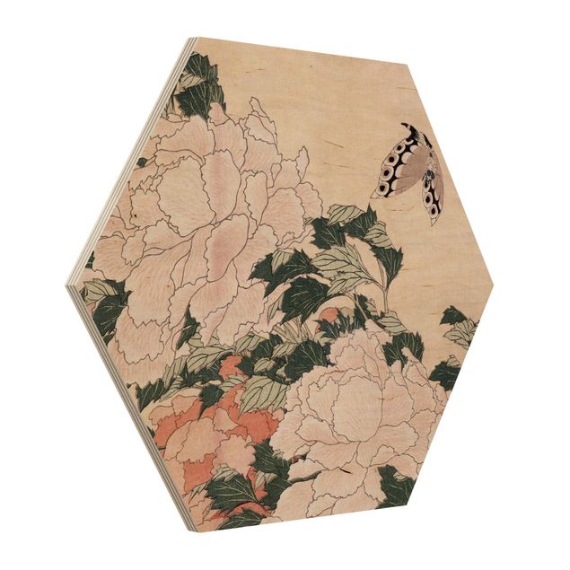 Obrazy zwierzęta Katsushika Hokusai - Pink Peonies With Butterfly