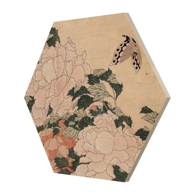 Obrazy kwiatowe Katsushika Hokusai - Pink Peonies With Butterfly