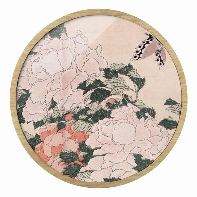 Nowoczesne obrazy do salonu Katsushika Hokusai - Pink Peonies With Butterfly
