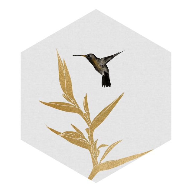 Sześciokątna tapeta samoprzylepna - Koliber i złoty kwiat tropikalny II