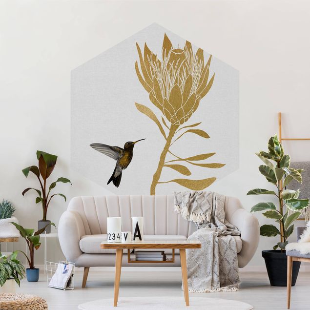 Tapety na ściany Koliber i tropikalny złoty kwiat