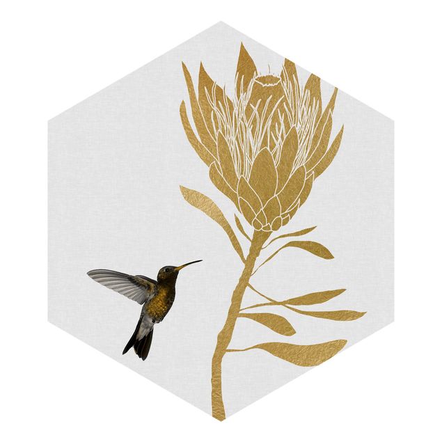 Sześciokątna tapeta samoprzylepna - Koliber i tropikalny złoty kwiat