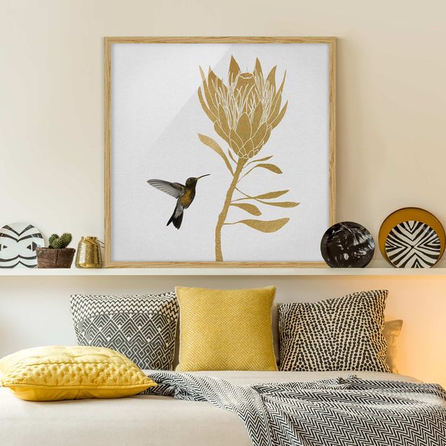 Obrazy w ramie do korytarzu Koliber i tropikalny złoty kwiat