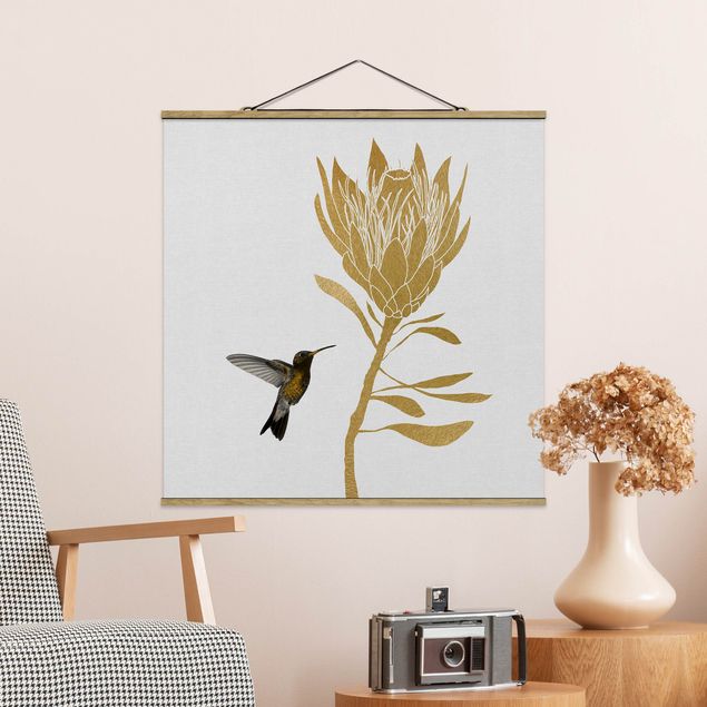Dekoracja do kuchni Koliber i tropikalny złoty kwiat