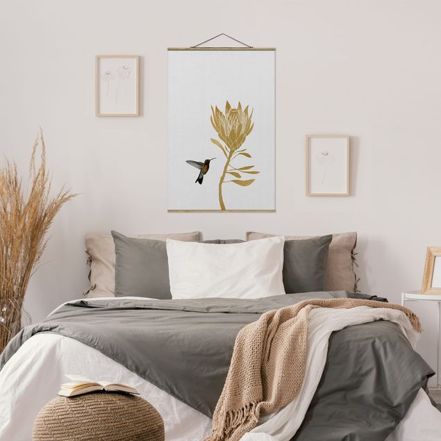 Obrazy nowoczesny Koliber i tropikalny złoty kwiat
