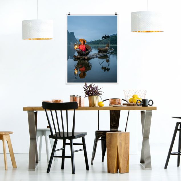 Obrazy do salonu nowoczesne Rybacy łowiący kormorany wieczorem