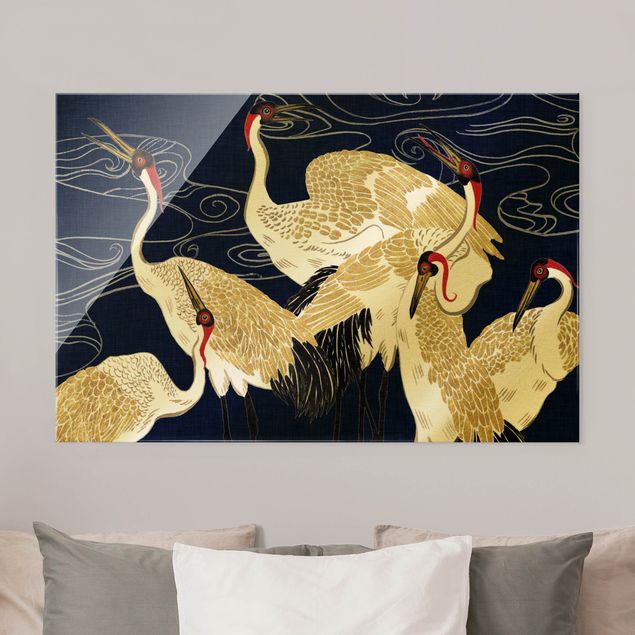 Obrazy na szkle poziomy Żurawie o złotych piórach II